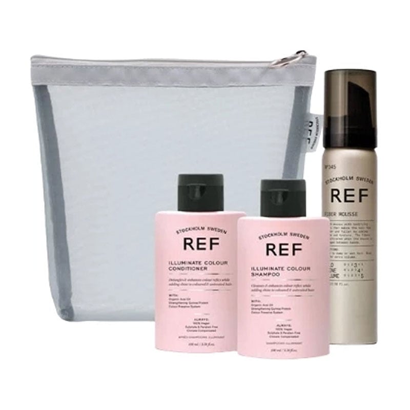 Набір мініатюр для фарбованого волосся REF Trevel Mesh Bag Colour (шампунь, 100 мл + кондиціонер, 100 мл + мус, 75 мл + сумка)